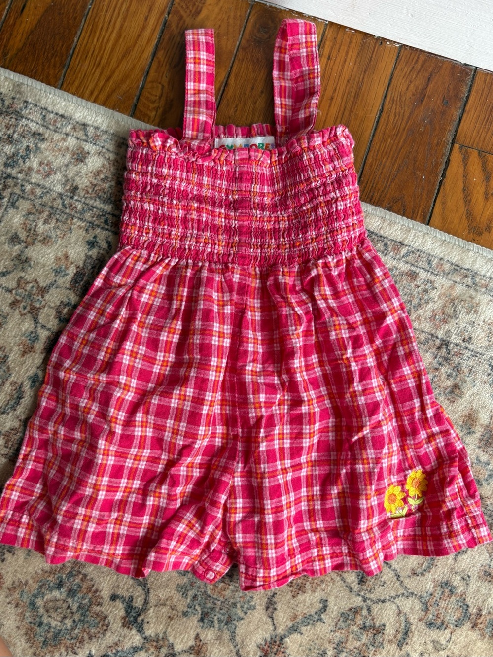 6/12M Vintage Rainbow Tag Gymboree Pink Plaid Romper W/ Sumflowers
